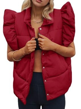 Tankaneo Womens Puffer Vest Ruffle Sleeveless- Burgundy Red. Size S